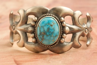 Genuine Kingman Spider Web Turquoise Sterling Silver Navajo Bracelet